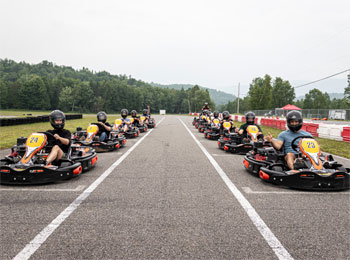 Karts in a starting line-up.