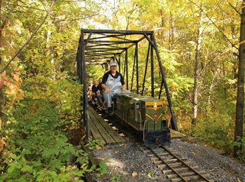 Mini-train with a conductor and kids on board.