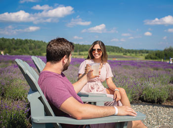 Couple sharing a drink in the lavender fields of  Bleu Lavande