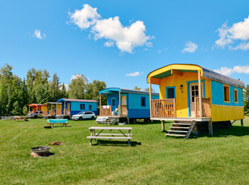 Colourful ready-to-camp units.