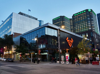 The building of the MEM at the corner of St-Laurent and Ste-Catherine in downtown Montreal.