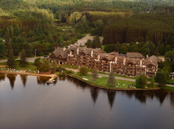 Aerial view of Grand Lodge Mont-Tremblant and the lake.