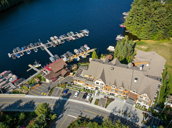 Aerial view of the Viking Resort buildings and the marina.