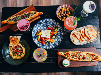 Spread of appetizing mezze on a table.