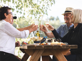 Two middle-aged couples sharing a picnic.