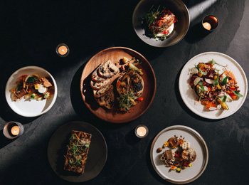 Variety of gourmet dishes on a black background.