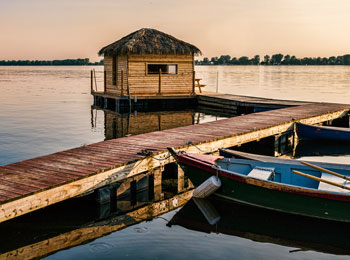 Hut on the water at Domaine Pourki.