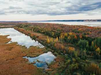 Lake and fall landscape slightly overcast.